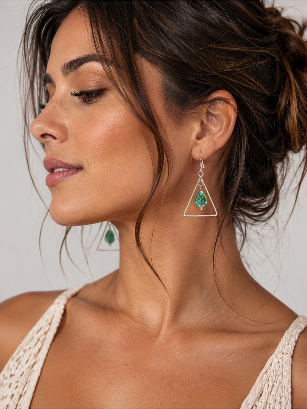 Boho Geometric Turquoise Leaf Dangle Earrings Silver Tone - Picture 3 of 6